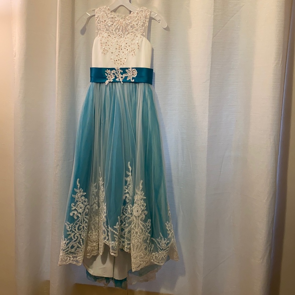 Teal and white Flower girl Dress